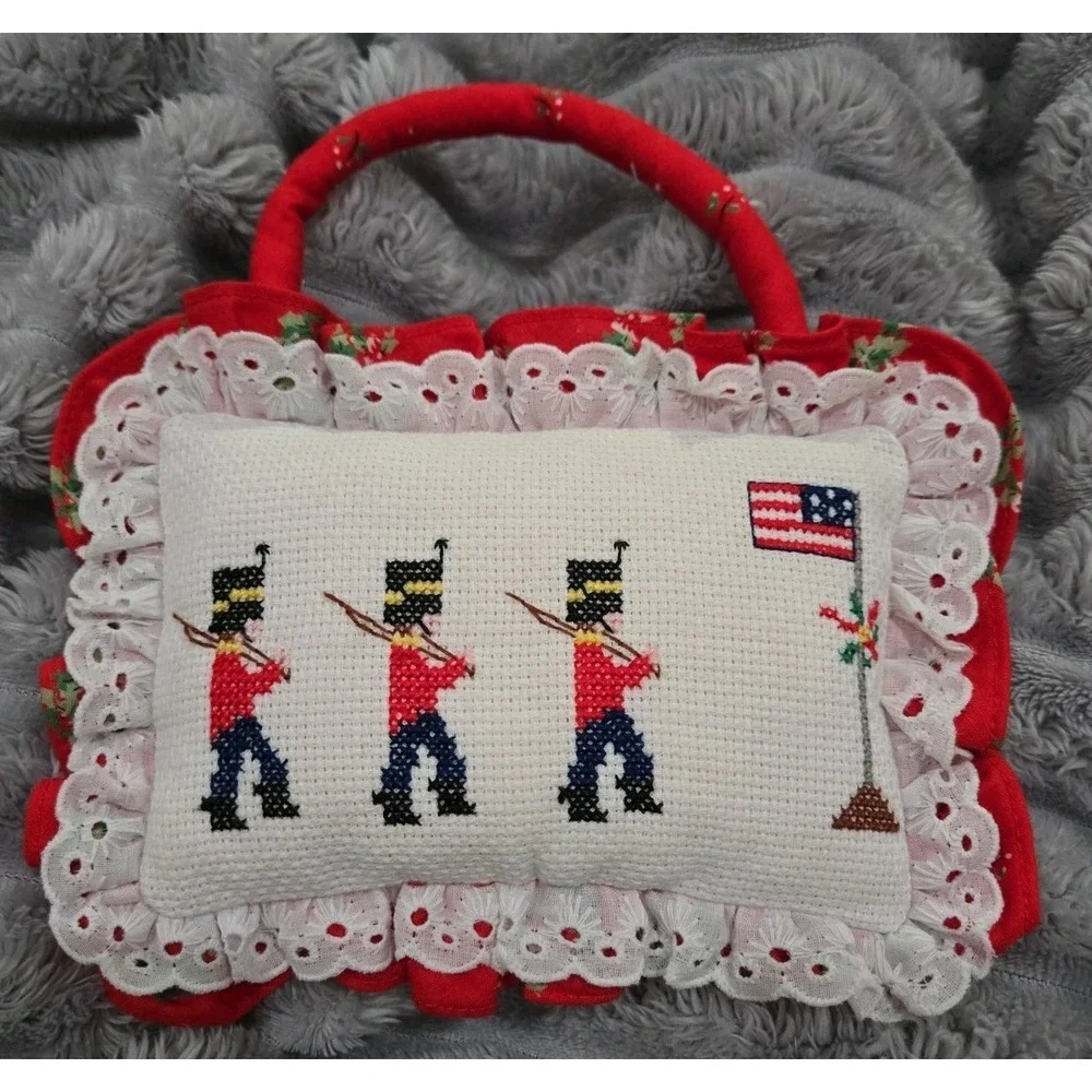 VINTAGE needlepoint cushion 3 whimsical soldiers American Flag 